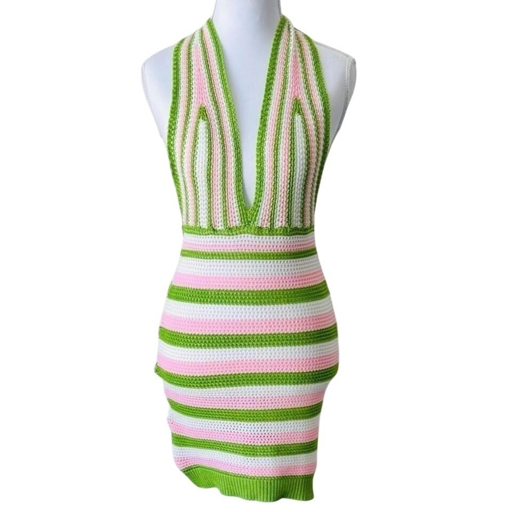 Halter Mini Dress Crochet Knit Backless Green+ Pink+ White Striped Sz S